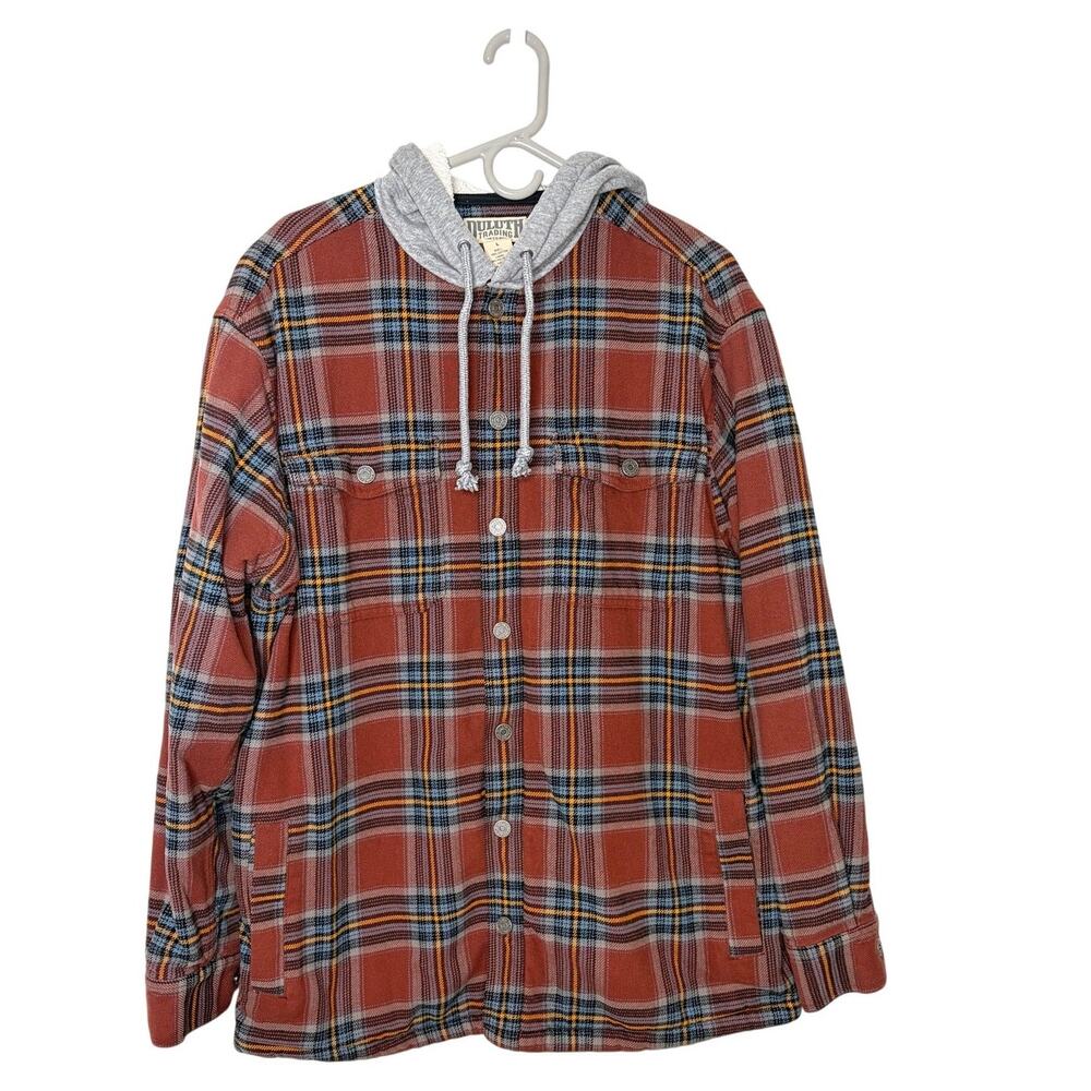 Duluth Trading Co. Snap Hooded Plaid Flannel Shirt Jacket Mens Sz L Relaxed Fit